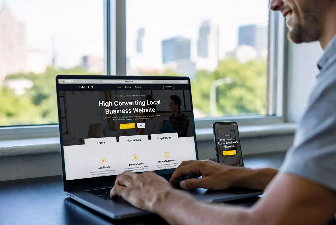 A business owner reviewing a high-converting local business website on a laptop and phone