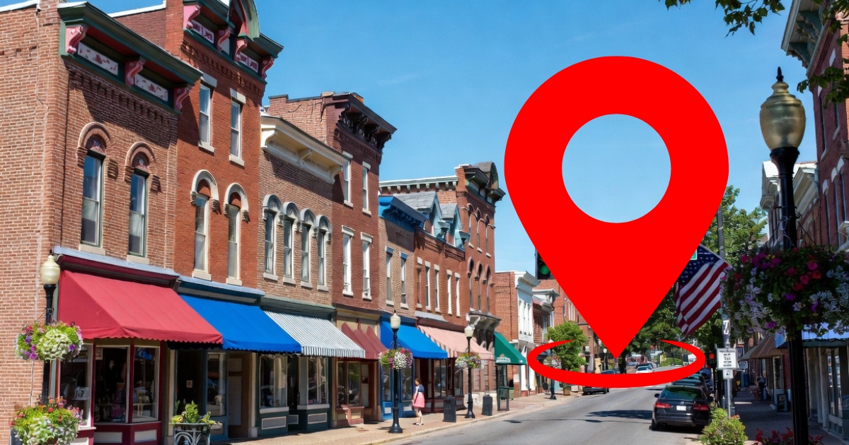 Downtown Tipp City storefronts with a map pin representing local search visibility