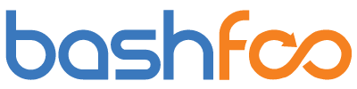 The image shows the bashfoo logo with bash in blue and foo in orange, where the oo forms an infinity symbol. Set against a light gray background, this design reflects reliability—perfect for a WordPress Hosting or Web Hosting brand.