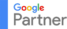 Google Partner badge featuring the Google logo in color above the word Partner in gray text, with a vertical blue bar on the left side and a light gray background.