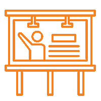 Orange line drawing of a billboard showing a person with one arm raised, next to rectangular and horizontal shapes representing branding strategy elements like text and images. The billboard stands on three posts.