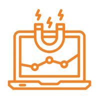 Orange outline icon of a laptop displaying a line graph, with a magnet and lightning bolts above the screen, symbolizing digital marketing strategy or branding-focused lead generation.
