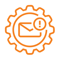 Orange gear icon with an envelope and exclamation mark inside, symbolizing an email alert or notification—ideal for strategy or branding communications—on a light background.