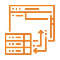 Orange line icon showing a web browser window and a database server, connected by arrows representing data transfer or communication—ideal for illustrating branding strategy in digital platforms.