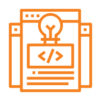 Orange line icon of a web page with a code symbol in the center and a lightbulb above it, representing innovative ideas in coding, web development, and strategy for effective branding.