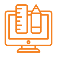 Orange outline icon of a computer monitor displaying a ruler and a pencil, representing branding strategy or digital design tools, on a light background.