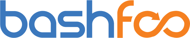 Logo for bashfoo with bash in blue lowercase letters and foo in orange lowercase letters, where the oo forms an infinity symbol.
