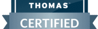A blue and gray badge with the words THOMAS CERTIFIED AGENCY in bold white letters. The design features a ribbon and shield shape, signifying certification status.