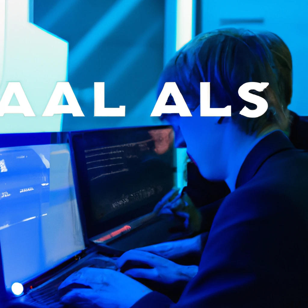 Two people work on laptops in a dark room with blue lighting, absorbed in code. Large, partially obscured white text hints at foreign interference in US elections across the image.