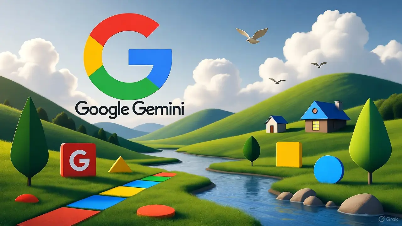 A colorful Google Gemini logo appears over a cartoon landscape with green hills, a river, clouds, birds, a house, and geometric shapes like squares, circles, and a triangle on the grass—perfect for inspiring your next SEO strategy.