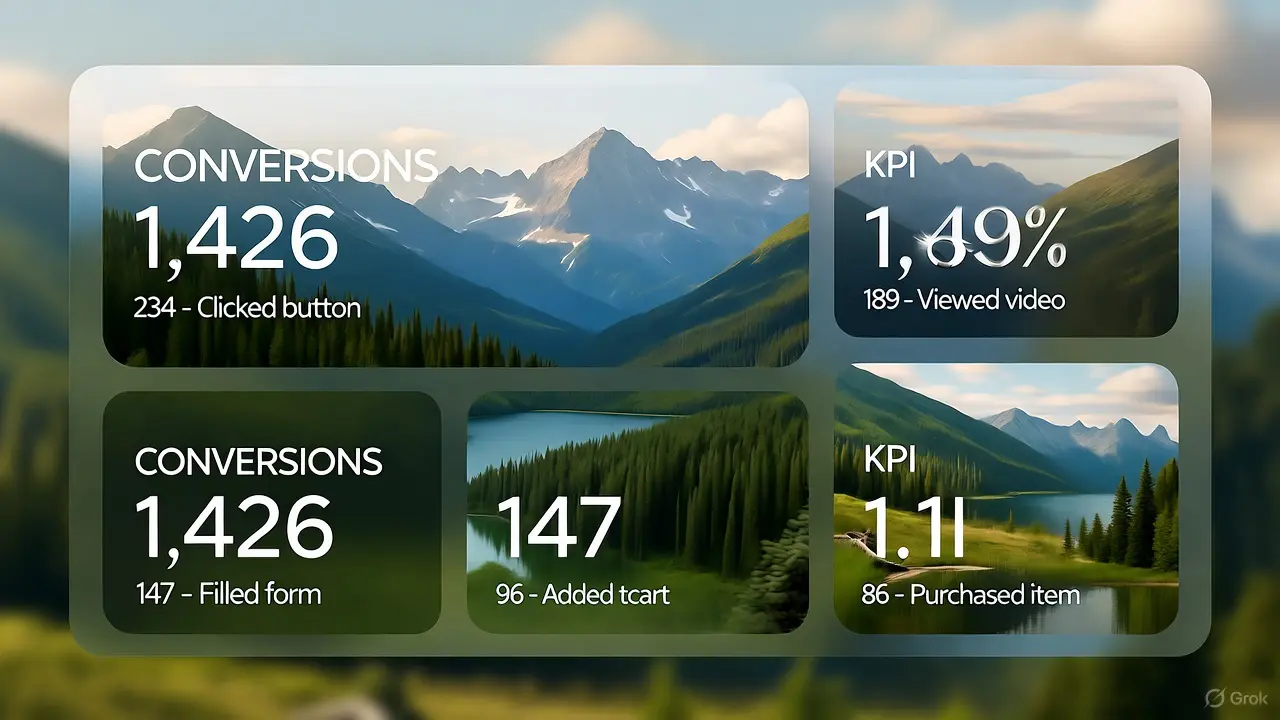 A dashboard with four transparent panels displaying conversion and KPI statistics over a scenic mountain and lake background—perfect for tracking conversions, KPIs, and purchases while inspiring a conversion-focused website design.