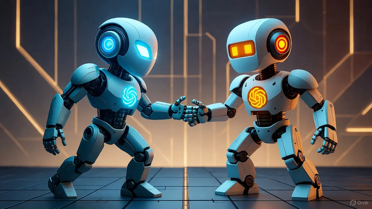 Two futuristic robots stand on a grid floor, shaking hands after an intense AI competition. One glows blue, the other orange, both with illuminated symbols on their chests amid a high-tech background of glowing lines.