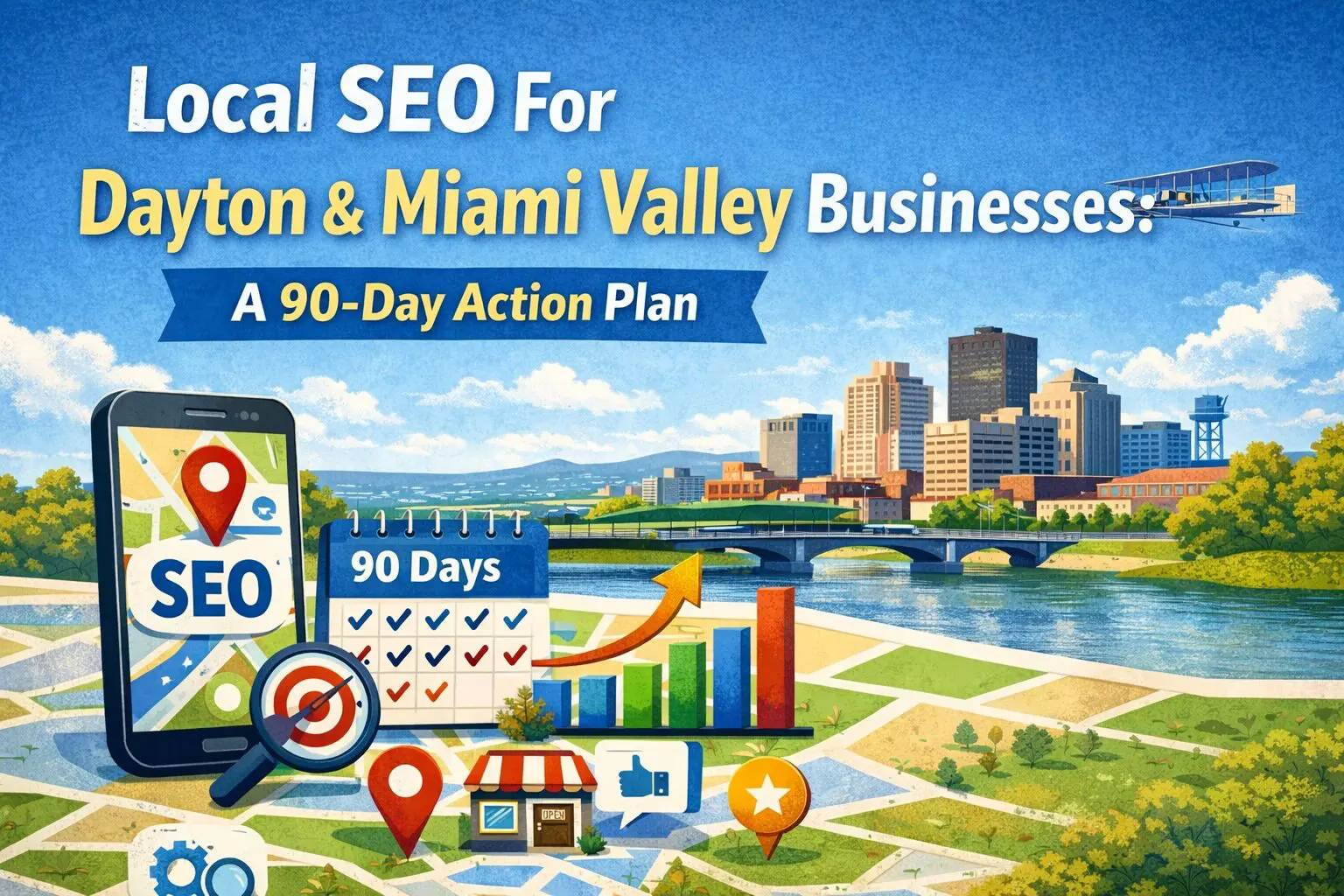 Illustration promoting a 90-Day Action Plan for local SEO in Dayton & Miami Valley, featuring city skyline, calendar, location pins, icons, and a phone with a map. Text highlights business strategy for Miami Valley businesses.